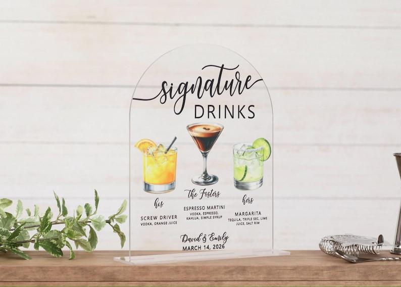 Personalized Signature Drinks Sign, Custom Acrylic Wedding Bar Sign with Cocktail Illustrations, His and Hers Drink Menu Wedding Decor image 14