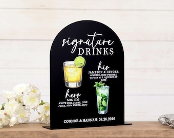 Signature Drinks Wedding Bar Sign – Acrylic Arch with UV Printed Custom Cocktail Menu and Names, Black Bar Display