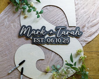 Custom 3D Monogram Wedding Guestbook – Personalized Wooden Initial Sign with Names & Date, Unique Guest Book Alternative Sign