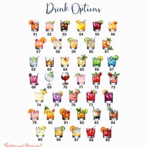 May include: A digital chart titled Drink Options displaying a collection of thirty-nine watercolor illustrations of various cocktails in glasses, each numbered from 51 to 89, featuring diverse colors, garnishes, and ice cubes on a white background.