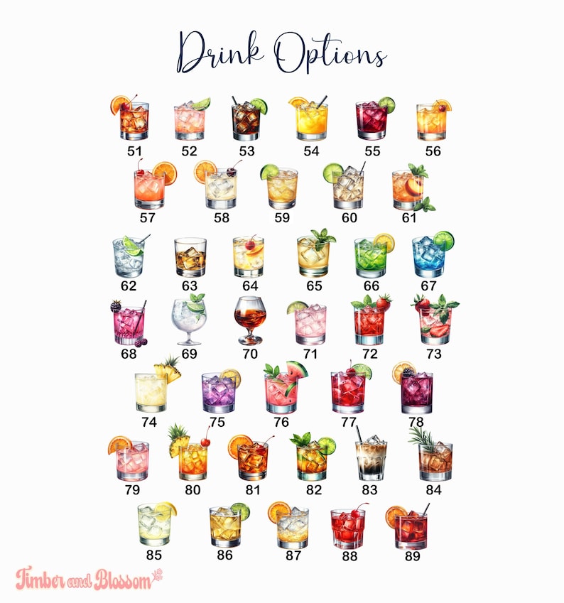 May include: A digital chart titled Drink Options displaying a collection of thirty-nine watercolor illustrations of various cocktails in glasses, each numbered from 51 to 89, featuring diverse colors, garnishes, and ice cubes on a white background.