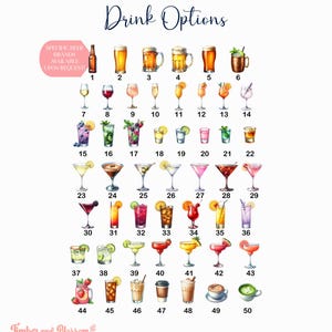 May include: A digital chart titled Drink Options displaying 50 numbered illustrations of various alcoholic and non-alcoholic beverages in glassware, including beers, wines, cocktails, and coffee, with a pink note about specific beer brands.