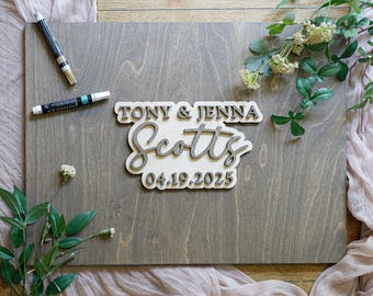 Personalized 3D Name Guestbook Sign – Layered Wooden Wedding Sign with Cut‑Out Names & Date, Alternative Guest Book Keepsake