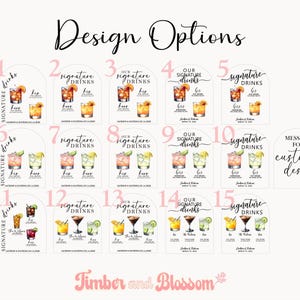 May include: A collection of fifteen arched sign templates labeled Design Options, featuring various layouts for signature drinks with illustrations of cocktails, text labels for his and hers drinks, and a placeholder for a custom design.