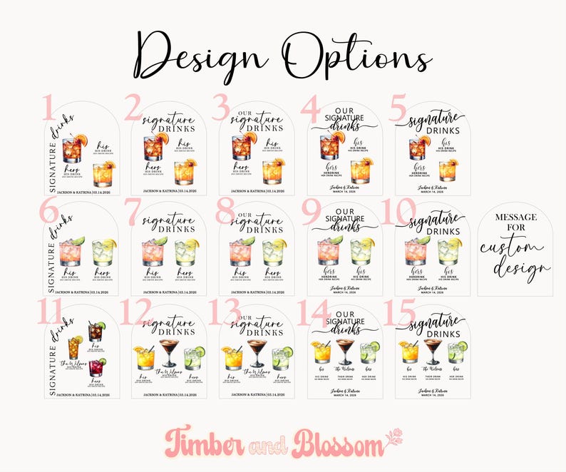 May include: A collection of fifteen arched sign templates labeled Design Options, featuring various layouts for signature drinks with illustrations of cocktails, text labels for his and hers drinks, and a placeholder for a custom design.