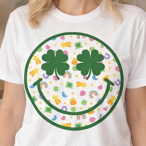 Preppy St Patricks Day PNG, Smiley Face Clover Clipart, Retro St Paddys Sublimation, Lucky Shamrock PNG, Leopard Checkered Day Shirt Design