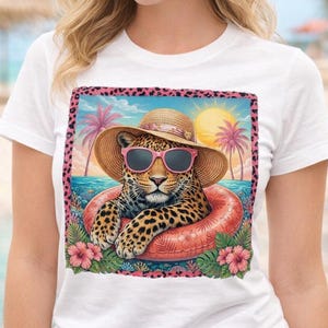 Summer Leopard PNG, Tropical Leopard with Sun Hat and Pink Sunglasses Sublimation