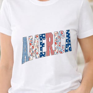 America Patchwork PNG, Floral Gingham 4th of July Clipart, Patriotic DTF