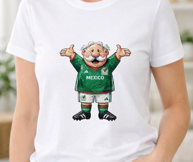 May include: A white short-sleeved t-shirt featuring a graphic of a cartoon character with a white mustache wearing a green Mexico soccer jersey, white shorts, and black cleats. The character has arms outstretched and the word MEXICO is printed on the chest.