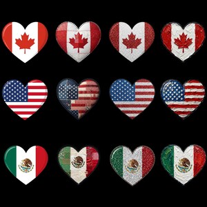 Puede incluir: Una colección de doce iconos en forma de corazón dispuestos en tres filas, con las banderas nacionales de Canadá, Estados Unidos y México. Cada bandera se presenta en cuatro texturas distintas: lisa, acolchada, brillante y pintura espesa.