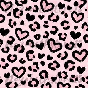 Puede incluir: Un patrón repetitivo sin costuras con un fondo rosa claro, manchas de leopardo negras y formas de corazón con contorno negro. El diseño consiste en manchas y corazones negros sólidos de varios tamaños sobre la superficie rosa suave.