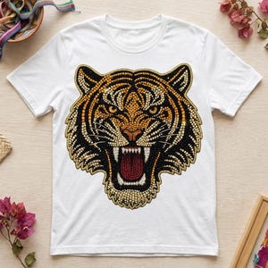 Puede incluir: Una camiseta blanca de manga corta con un gráfico central grande de una cabeza de tigre. El diseño del tigre está compuesto por numerosas cuentas pequeñas de varios colores en tonos naranja, negro, blanco y dorado, mostrando un rugido.