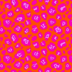 Puede incluir: Fondo naranja brillante con un patrón repetido de manchas de leopardo rosa intenso. Las manchas varían en tamaño y forma, creando un diseño audaz y llamativo. Adecuado para tela, papel pintado u otras aplicaciones decorativas.