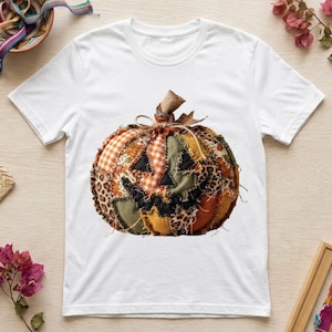 Puede incluir: Una camiseta blanca de manga corta con un gráfico central de una calabaza construida con varios parches de tela. El diseño de la calabaza incluye secciones de cuadros vichy naranjas, estampado de leopardo y verde oliva con aspecto deshilachado.