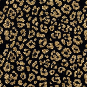 May include: Black fabric with a repeating pattern of gold glitter leopard spots. The spots vary in size and shape, creating a textured and eye-catching design. This textile is suitable for fashion or home decor.