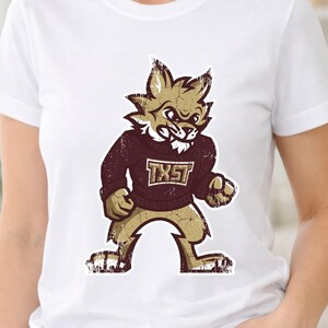 retro boko the bobcat png, vintage texas state university mascot clipart, distressed maroon and gold mascot sublimation design