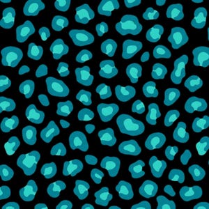May include: A seamless pattern featuring teal and light teal leopard spots on a black background. The spots vary in size and shape, creating a dynamic and eye-catching design. This pattern is suitable for various applications, including fabric and wallpaper.