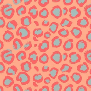 Puede incluir: Patrón sin costuras con manchas de leopardo color coral y centros azul claro sobre fondo melocotón. Las manchas tienen una textura de pincelada, creando un aspecto pintado a mano. Adecuado para telas y papel pintado, moderno y artístico.