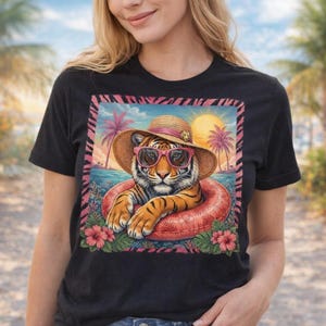 Summer Tiger PNG, Tropical Tiger with Sun Hat and Pink Sunglasses Sublimation