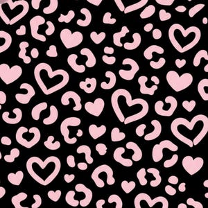 May include: A repeating pattern of pink hearts and leopard print spots on a black background. The design is a mix of organic shapes and geometric hearts, creating a playful and romantic aesthetic.