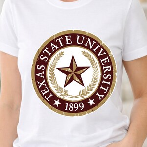 retro texas state university seal png, vintage 1899 maroon and gold emblem clipart, weathered lone star collegiate sublimation