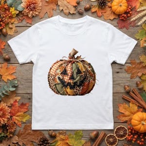 Puede incluir: Una camiseta blanca de manga corta con un gráfico central de una calabaza construida con varios parches de tela, incluyendo cuadros, estampado de leopardo y secciones lisas en naranja y verde, con una cara cosida y un tallo de cuerda atado.