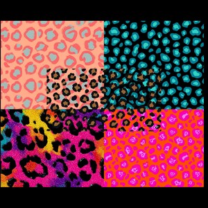 Puede incluir: Un diseño gráfico digital que presenta un collage de cuatro patrones de leopardo distintos. Arriba a la izquierda en melocotón y gris, arriba a la derecha en azul cerceta y negro, abajo a la izquierda un degradado arcoíris y abajo a la derecha rosa neón y naranja.