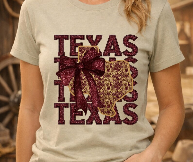 Texas Repeating Vector Texas Stacked Glitter PNG | Maroon Gold Floral Map Bow Sublimation ...