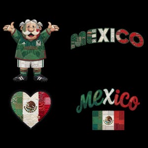 Puede incluir: Una colección de parches bordados que incluye un personaje de dibujos animados con una camiseta de fútbol verde y blanca, la palabra MEXICO en fuentes de bloque y cursiva, una bandera mexicana en forma de corazón y una bandera rectangular.