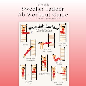 Könnte beinhalten: Druckbare schwedische Sprossenwand-Bauchmuskelführung. Der Leitfaden enthält Illustrationen von Core-Übungen, die an einer schwedischen Sprossenwand durchgeführt werden, darunter Pike Hold, Plank Hold und Sit-Ups. Der Text enthält "PDF | Sofort-Download".