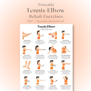 May include: A printable PDF guide titled Tennis Elbow Rehab Exercises featuring sixteen illustrated figures demonstrating physical therapy movements including dowel rotation, bicep curls, wrist flexion, and various stretches with descriptive text instructions.