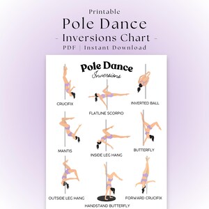 Peut inclure: Une affiche imprimable intitulée Pole Dance Inversions présentant neuf illustrations de personnages en tenue de sport violette effectuant diverses figures de pole dance, notamment Crucifix, Flatline Scorpio, Inverted Ball, Mantis, Inside Leg Hang, Butterfly, Outside Leg Hang, Handstand Butterfly et Forward Crucifix.