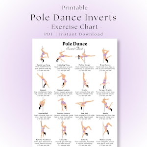 Peut inclure: Un tableau d'exercices imprimable intitulé Pole Dance Invert Chart présentant seize illustrations de figures effectuant divers mouvements de pole dance. Chaque mouvement inclut un nom descriptif et des instructions d'exécution, comme Outside Leg Hang, Flatline Scorpio et Butterfly, avec une recommandation de 2-3 répétitions par côté.