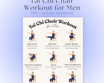 Tai Chi Chair Workouts for Men | Senior Exercise Chart Printable | Chair Workout for Senior Men | Tai Chi | Home Gym | Workout Poster PDF