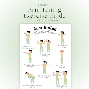 May include: Printable arm toning exercise guide. The white guide features illustrations of dumbbell exercises, including bicep curls, shoulder press, and triceps extensions. Text includes "PDF | Instant Download".