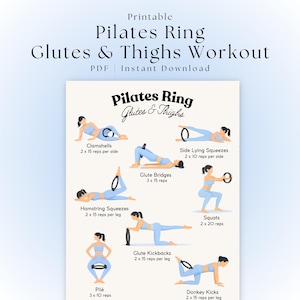 Op de afbeelding: Afbeelding van een afdrukbare Pilates Ring Glutes & Thighs Workout PDF. De afbeelding toont een trainingsroutine met een Pilates ring. De oefeningen omvatten clamshells, glute bridges, side lying squeezes, hamstring squeezes, squats, glute kickbacks, plié en donkey kicks.