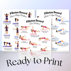 May include: Three white posters titled Pilates Board featuring illustrations of individuals in pink and blue athletic wear performing various exercises for the upper body, core, and glutes and legs, with text labels and repetition counts for each movement.