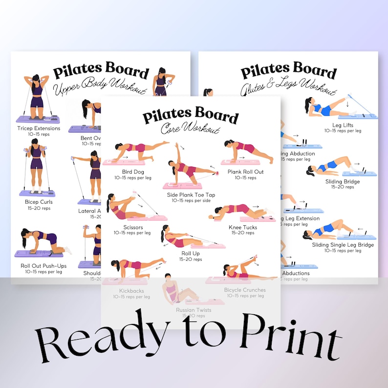 May include: Three white posters titled Pilates Board featuring illustrations of individuals in pink and blue athletic wear performing various exercises for the upper body, core, and glutes and legs, with text labels and repetition counts for each movement.