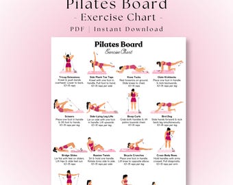 May include: A printable Pilates Board Exercise Chart featuring sixteen illustrations of a person in pink athletic wear performing various exercises with resistance bands and sliders, including text labels and instructions for each movement.