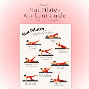 Könnte beinhalten: Druckbare Matten-Pilates-Workout-Anleitung mit Illustrationen verschiedener Übungen. Die Anleitung enthält Übungen wie Hollow Hold, Bridge, Side Plank und Leg Circles. Der Text enthält "PDF | Sofort-Download".