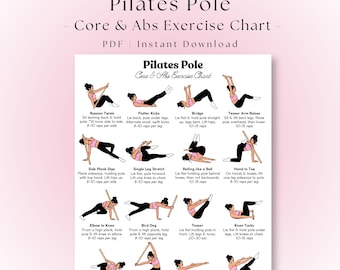 Peut inclure: Un tableau d'exercices imprimable Pilates Pole Core & Abs au format PDF présentant seize figures illustrées effectuant divers mouvements avec un bâton en bois. Chaque illustration inclut un texte descriptif détaillant le mouvement et les répétitions.