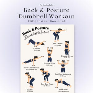 May include: Printable "Back & Posture Dumbbell Workout" PDF. The workout guide features illustrations of exercises like chest fly, rear delt fly, shoulder shrugs, plank lateral raises, shoulder press, goal post abductions, deadlift, bent over rows, and plank rows.