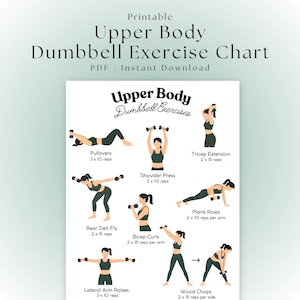 May include: Printable upper body dumbbell exercise chart with illustrations of various exercises, including pullovers, shoulder press, and tricep extensions. The chart is labeled "Upper Body Dumbbell Exercises" and is available as a PDF instant download.