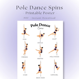 Peut inclure: Une affiche imprimable blanche intitulée Pole Dance Spins présentant neuf illustrations de personnages en tenue de sport bleu foncé effectuant diverses figures de pole dance nommées Stag, Cradle, Juliet, Fireman, Martini, Hollywood, Chair, Back Hook et Carousel.