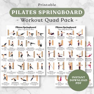 May include: A printable Pilates Springboard workout quad pack featuring two exercise charts with illustrations of various movements, including squats, lunges, and arm presses, with descriptive text for each exercise and an instant download PDF label.