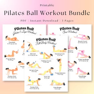 Puede incluir: Un paquete imprimible de ejercicios con pelota de Pilates con tres páginas. Las páginas presentan ilustraciones de ejercicios para glúteos y piernas, cuerpo completo y ejercicios centrales. Cada ejercicio está etiquetado con el nombre y las repeticiones recomendadas.