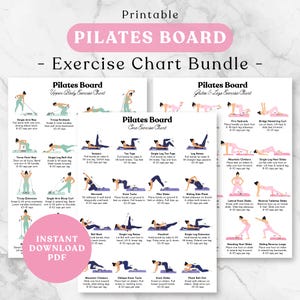 Può includere: Un set di schede di esercizi Pilates Board stampabili composto da tre pagine PDF bianche con testo nero e illustrazioni di figure che eseguono vari movimenti di fitness, intitolate Upper Body, Core e Glutes & Legs.