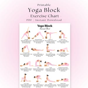 May include: A printable yoga block exercise chart featuring sixteen illustrated poses with instructions. The document includes text labels for each exercise, such as Triangle, Downward Dog, and Warrior 3, along with duration guidelines for each movement.