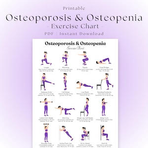 May include: A printable exercise chart titled Osteoporosis & Osteopenia featuring twelve illustrations of a figure in purple athletic wear performing various physical movements like lunges, squats, planks, and bicep curls with descriptive text.