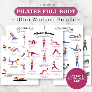 May include: A printable Pilates full body ultra workout bundle featuring three white sheets with illustrations of exercises. The text includes Pilates Ball, Pilates Board, and Pilates Ring full body workout, along with rep counts and an instant download PDF badge.